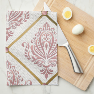 Vintage Glamour Rose Mauve Damask on White Linen Kitchen Towel