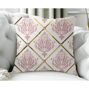 Vintage Glamour Rose Mauve Damask on White Linen Throw Pillow