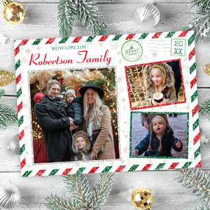 Vintage Glitter Family Photo Fit Airmail Christmas Postcard