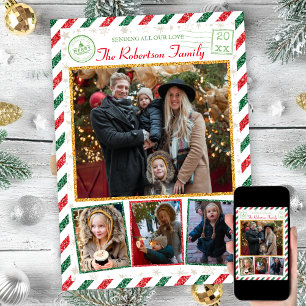 Vintage Glitter Family Photos Airmail Christmas Invitation
