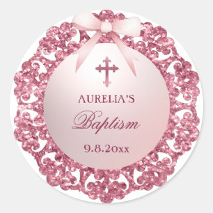 Vintage Glitter Frame Pink Bow Baptism Classic Round Sticker