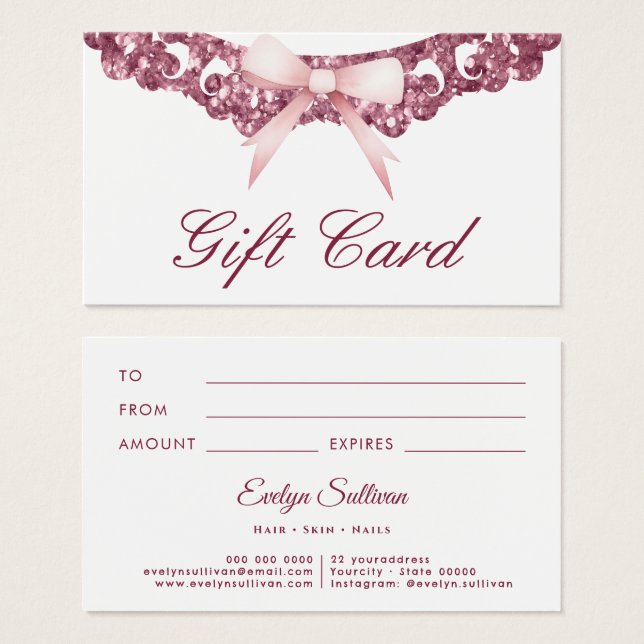 Vintage glitter frame pink bow gift card (Front & Back)