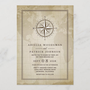 Vintage Globe Nautical Compass Wedding Invitations