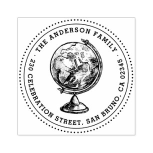 Vintage Globe Round Family Name & Return Address Rubber Stamp
