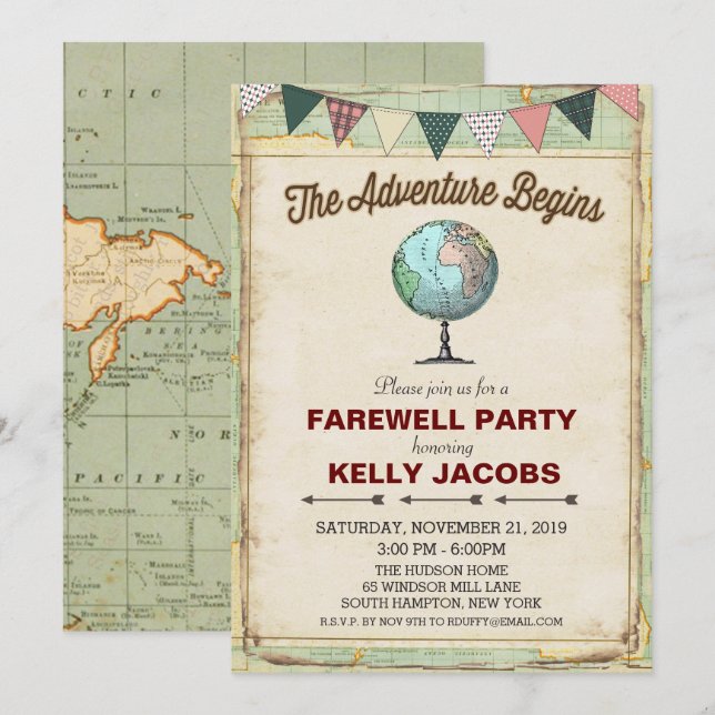 Vintage Globe Travel Farewell Party Invitation (Front/Back)