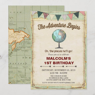 Vintage Globe Voyage 1er anniversaire Invitation