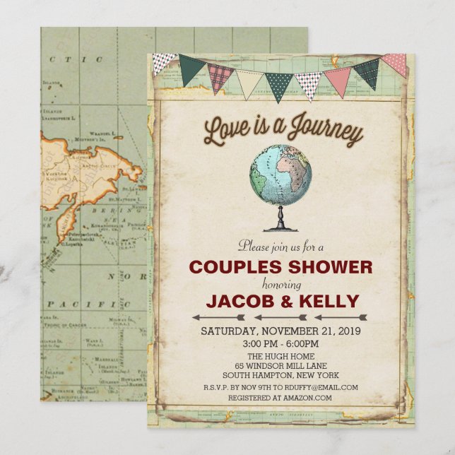 Vintage Globe Voyage Couples Douche Invitation (Devant / Derrière)