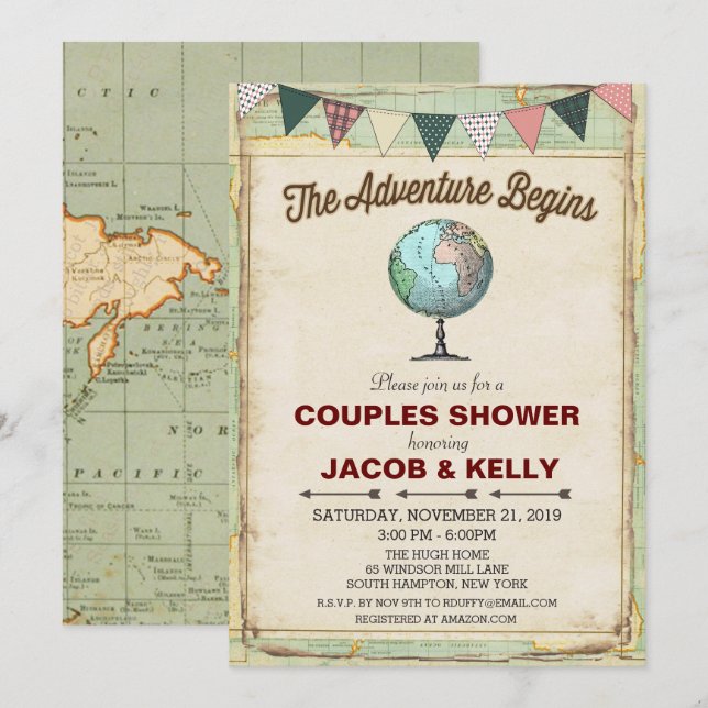 Vintage Globe Voyage Couples Douche Invitation (Devant / Derrière)