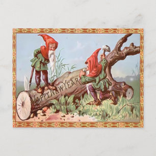 Vintage Gnome Dwarfs Carving "Happy New Year" Log Postcard
