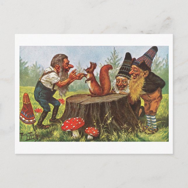 Vintage Gnomes and Squirrel Postcard (Front)