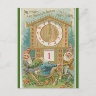 Vintage Gnomes Around a Clock Happy New Year Postcard