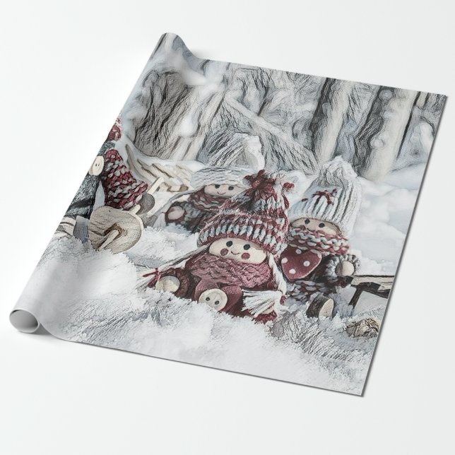 Vintage Gnomes in the snow drawing  Wrapping Paper (Unrolled)