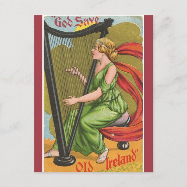 Vintage God Save Old Ireland Harpist Postcard (Front)