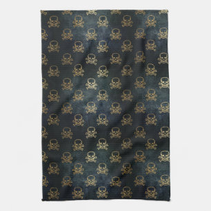 Vintage Gold And Black Pirate Skulls And Bones Kitchen Towel