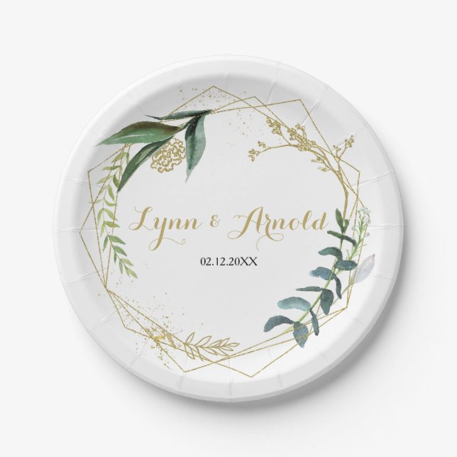 Vintage Gold and Green Eucalyptus Wedding Paper Plate (Front)