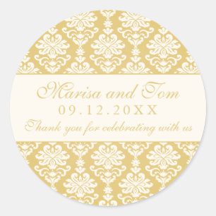 Vintage Gold and Ivory Damask Wedding Monogram Classic Round Sticker