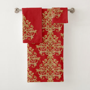 Vintage Gold and Red Damask Bath Towel Set