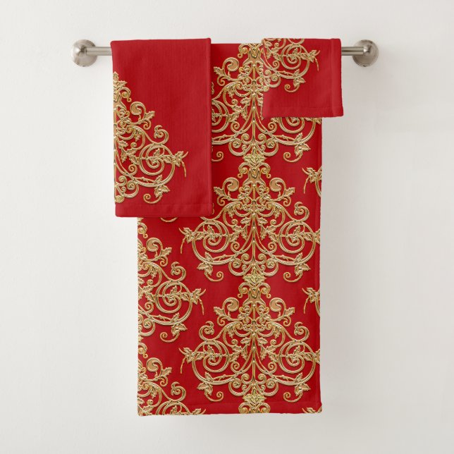 Vintage Gold and Red Damask Bath Towel Set (Insitu)
