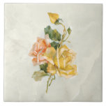 Vintage Gold and Salmon Roses on Marble BG Tile<br><div class="desc">Elegant vintage hand-painted style golden yellow and salmon roses and green foliage on marble background.</div>
