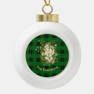 Vintage Gold and White Bouquet on Green Plaid Ceramic Ball Christmas Ornament