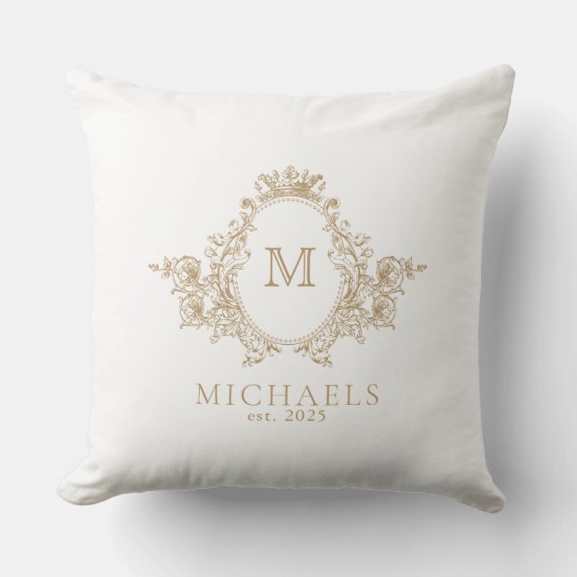 Vintage Gold and White Crest Monogram  Throw Pillow (Front)