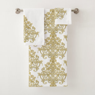 Vintage Gold and White Damask Bath Towel Set
