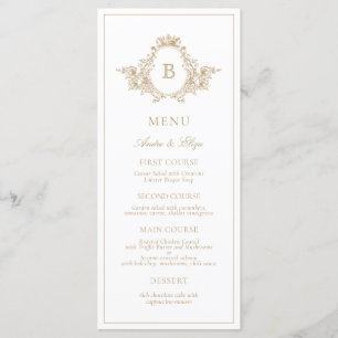Vintage Gold and White Monogram Crest Wedding Menu