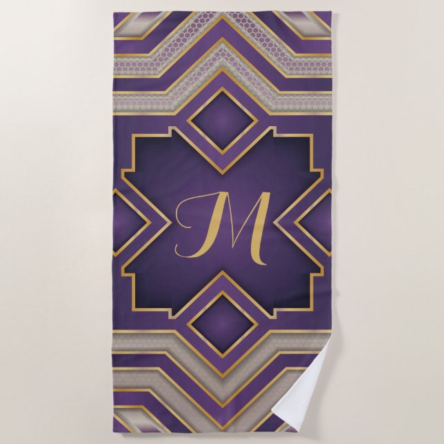 Vintage Gold Baroque Geometric Initial Design Beach Towel (Front)