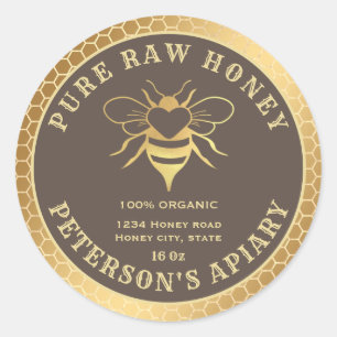 Vintage gold bee logo honeycomb honey jar classic round sticker