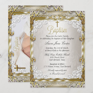 Vintage Gold Beige Damask Cross Baptism Photo Invitation