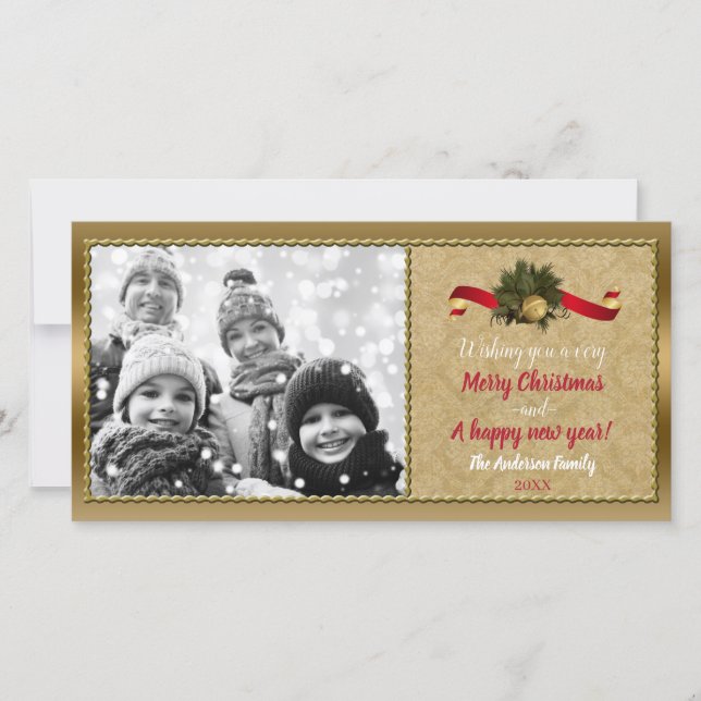 Vintage Gold Bell Christmas Holiday Photo Card (Front)