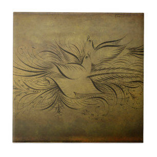 Vintage Gold Birds Line Drawings Tile
