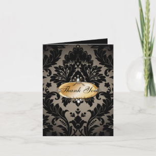 vintage Gold black damask wedding thank you Card