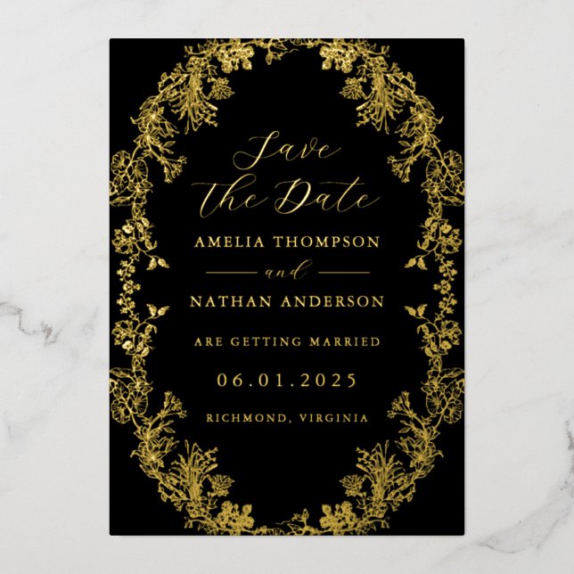 Vintage Gold Black Floral Wedding Save The Date  (Front)
