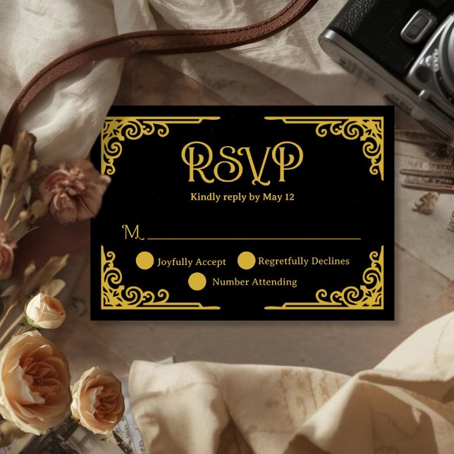  Vintage Gold Black Wedding  RSVP Card (Cinematic Vintage Gold Black Wedding RSVP Card)