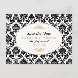 Vintage Gold, Black & White Damask Save The Date Announcement Postcard