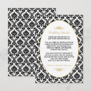 Vintage Gold, Black & White Damask Wedding Detail Enclosure Card