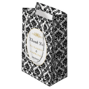 Vintage Gold, Black & White Damask Wedding Favour Small Gift Bag