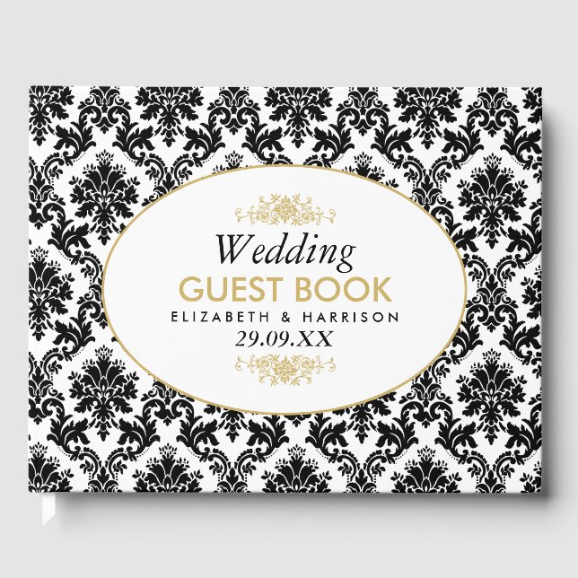Vintage Gold Black & White Damask Wedding Guest Book (Front)