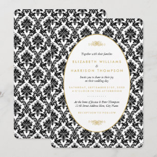 Vintage Gold, Black & White Damask Wedding Invitation