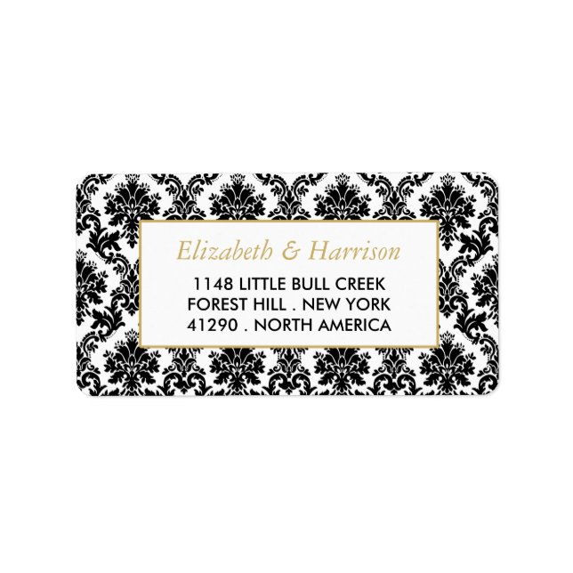 Vintage Gold, Black & White Damask Wedding Label (Front)