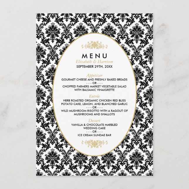 Vintage Gold, Black & White Damask Wedding Menu (Front)