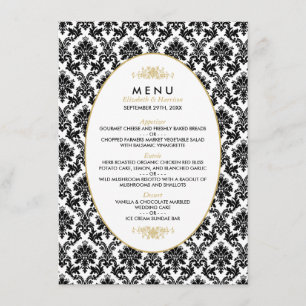 Vintage Gold, Black & White Damask Wedding Menu