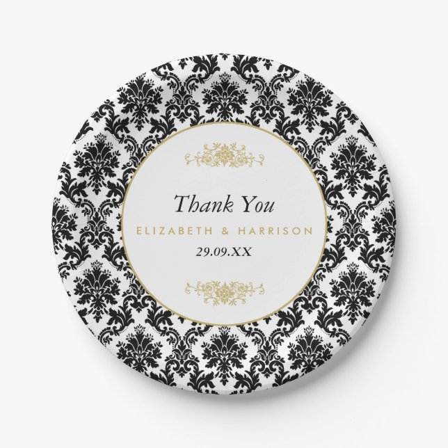 Vintage Gold, Black & White Damask Wedding Paper Plate (Front)