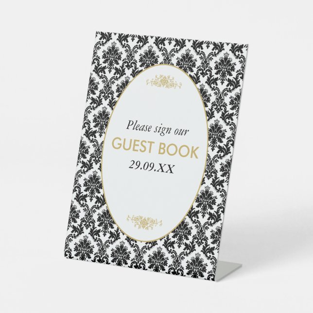 Vintage Gold Black & White Damask Wedding Pedestal Sign (Front)