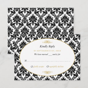 Vintage Gold, Black & White Damask Wedding RSVP Card