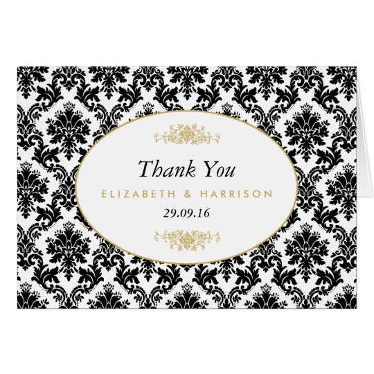 Vintage Gold Black & White Damask Wedding Thank Card