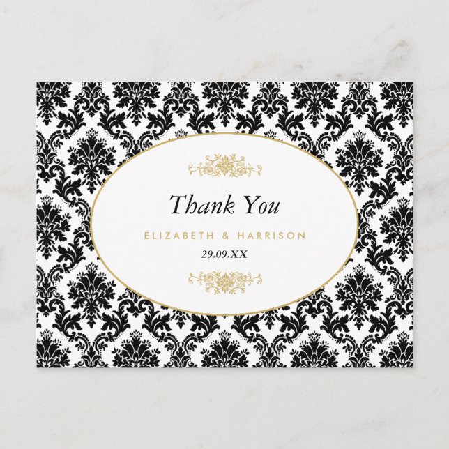 Vintage Gold Black & White Damask Wedding Thanks Postcard (Front)