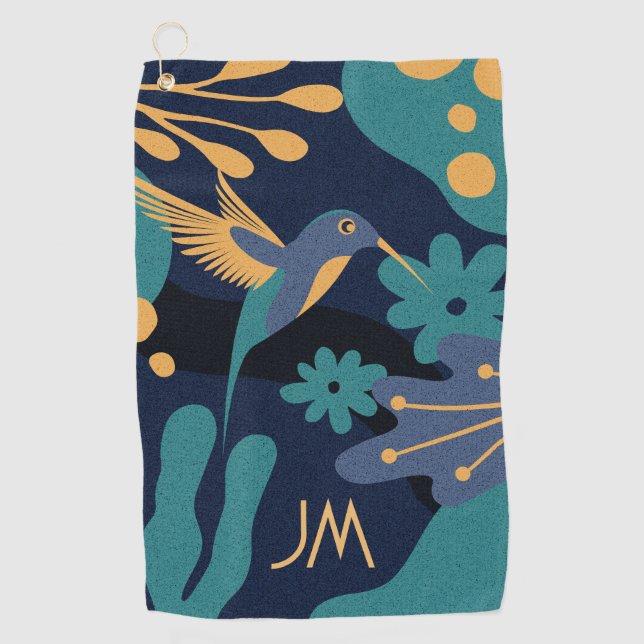 Vintage gold, blue and turquoise hummingbird golf towel (Front)