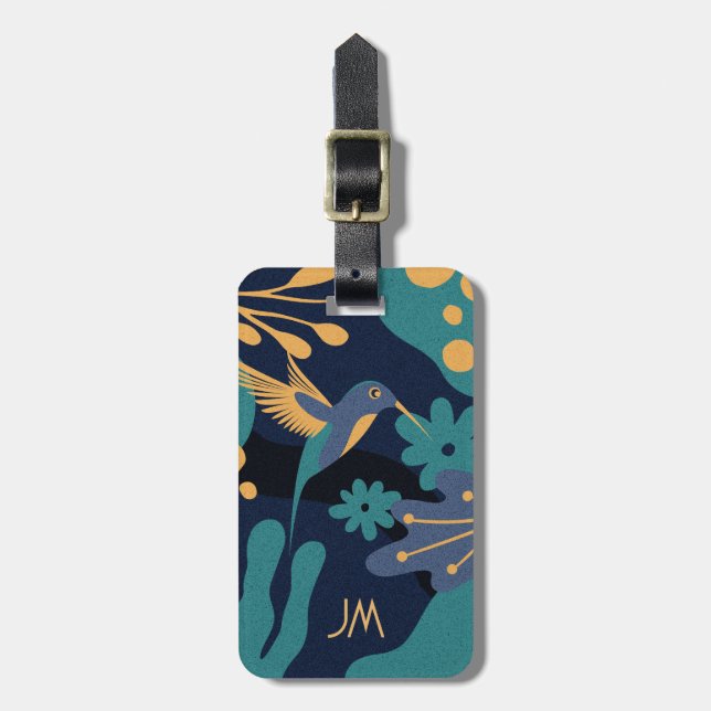 Vintage gold, blue and turquoise hummingbird luggage tag (Front Vertical)